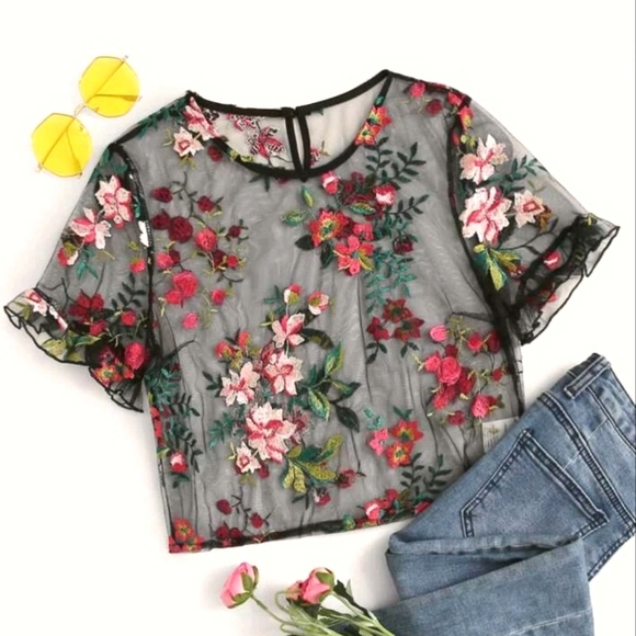 NWOT ✅️ Ruffle Cuff Embroidery Sheer Top - Picture 1 of 9
